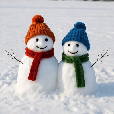 Two Snowmen with Scarves and Hats