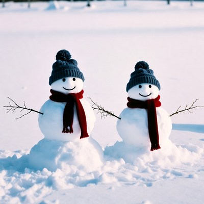 Two Snowmen with Scarves and Hats