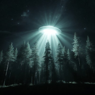 UFO beaming light over pine forest