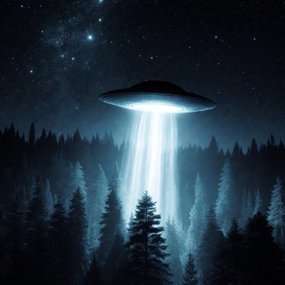 UFO beaming light over forest