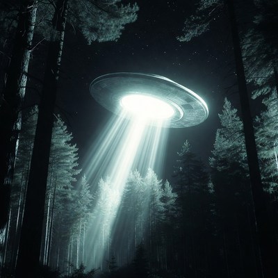 UFO beaming light over pine forest