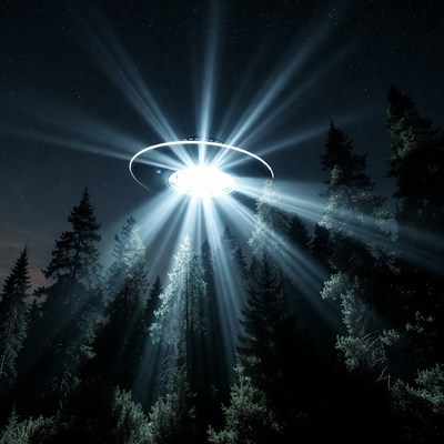 UFO beaming light over pine forest