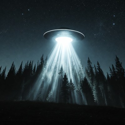 UFO beaming light over pine forest