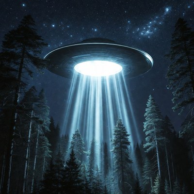 UFO beaming light over pine forest