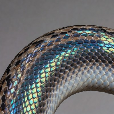 Iridescent Snake Coiled on Gray Background