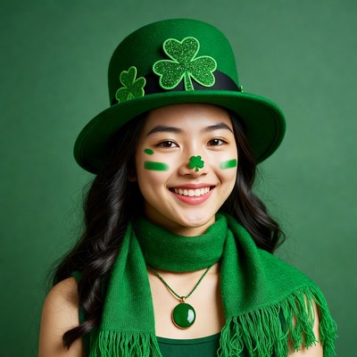 Asian woman in green St. Patrick's hat