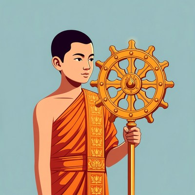 Young Buddhist monk holding Dharma wheel