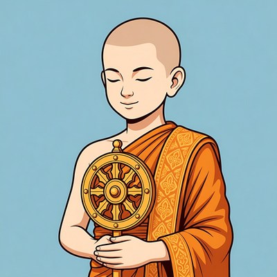 Young Buddhist monk holding dharma wheel