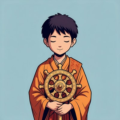 Boy holding Dharma wheel