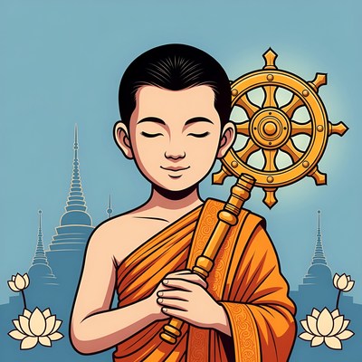 Young Buddhist Monk Holding Dharma Wheel