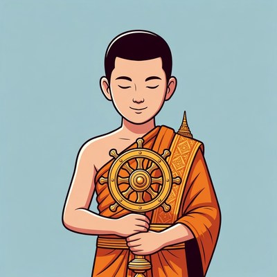 Young Buddhist monk holding dharma wheel