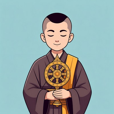 Buddhist monk holding dharma wheel