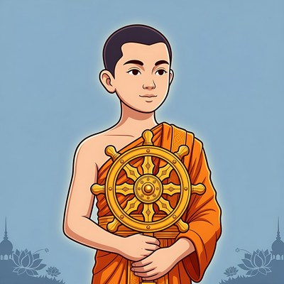 Young Asian monk holding Dharma wheel