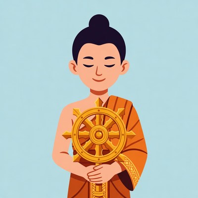Buddhist Monk Holding Dharma Wheel