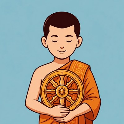 Young Asian monk holding Dharma wheel