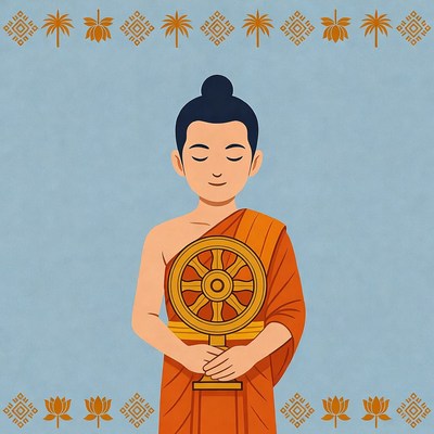 Buddhist monk holding dharma wheel