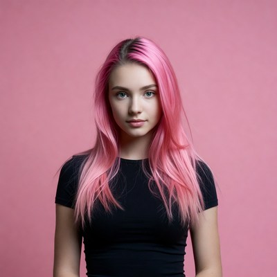 Girl with pink hair on pink background