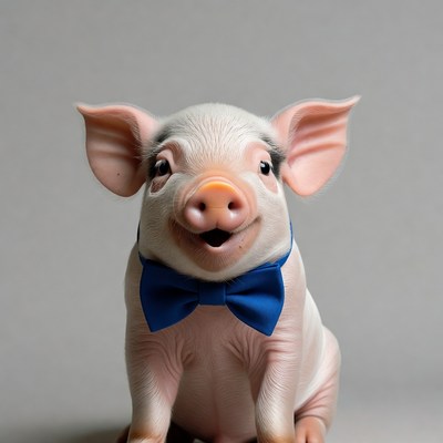 Cute piglet wearing blue bowtie