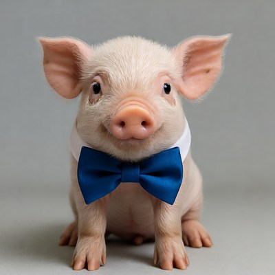Piglet wearing blue bow tie