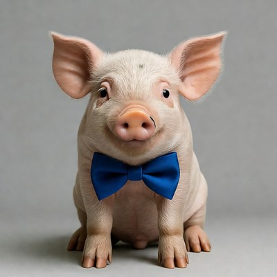 Piglet wearing blue bow tie