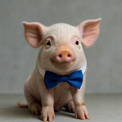 Piglet wearing blue bow tie