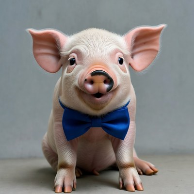 Piglet wearing blue bow tie