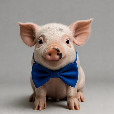 Piglet wearing blue bow tie