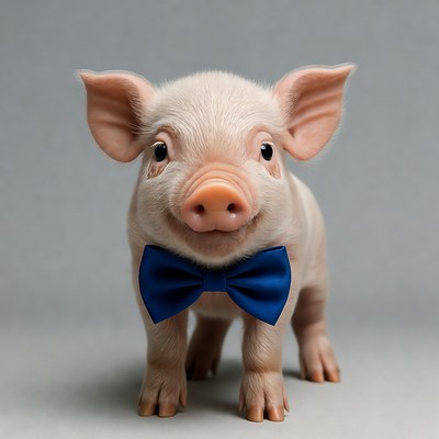 Baby pig wearing blue bowtie