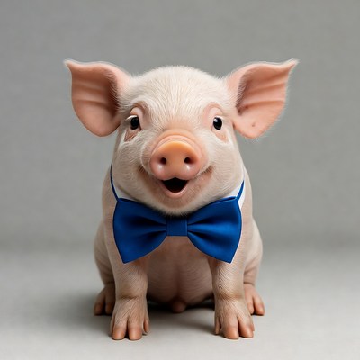 Cute piglet wearing blue bowtie