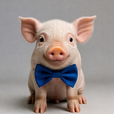 Baby pig wearing blue bowtie