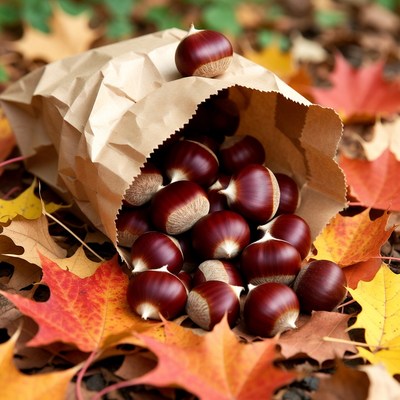 Chestnuts spilling from brown paper bag