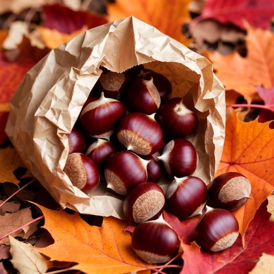 Chestnuts in Brown Paper Bag with Autumn Leaves