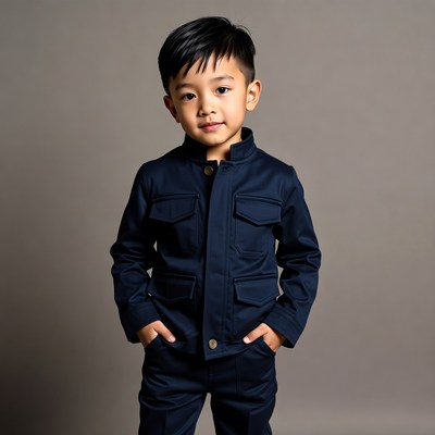 Asian boy in navy jacket