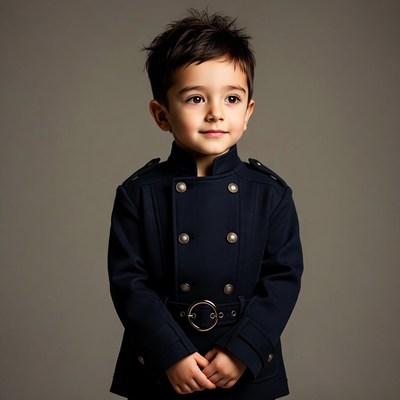 Boy in navy military jacket