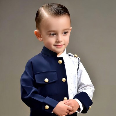 Toddler boy in navy white uniform