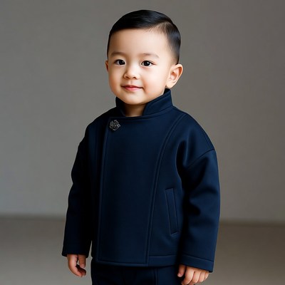 Asian toddler boy in navy jacket