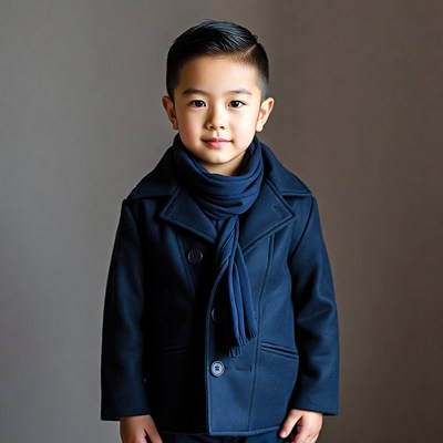 Asian boy in navy coat and scarf