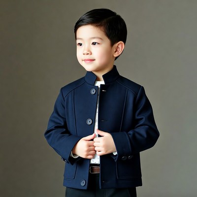 Asian boy in navy jacket