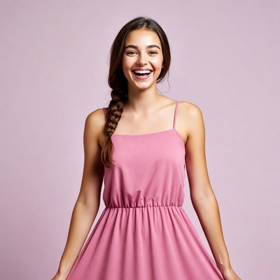Teen girl smiling in pink dress