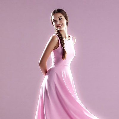 Woman in pink dress smiling sideways