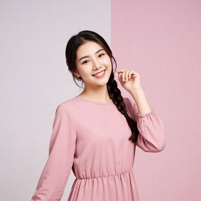 Asian woman smiling in pink dress