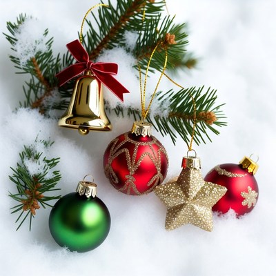 Christmas ornaments on snowy fir branches