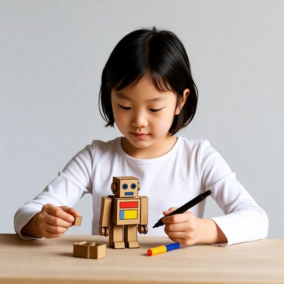 Asian girl building cardboard robot
