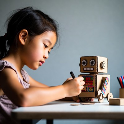 Asian girl coloring cardboard robot