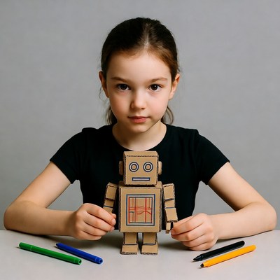Girl holding cardboard robot