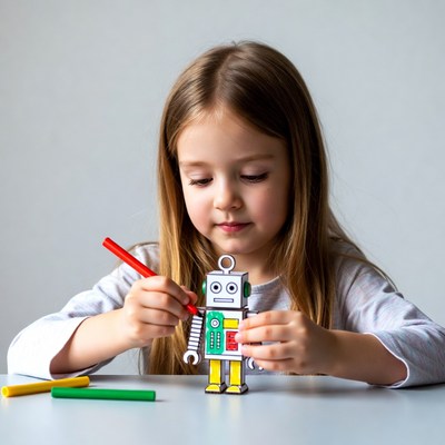 Girl coloring paper robot toy