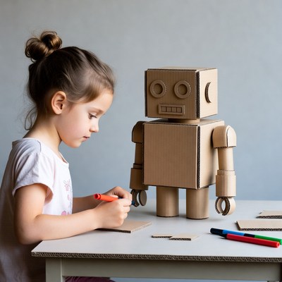 Girl drawing cardboard robot