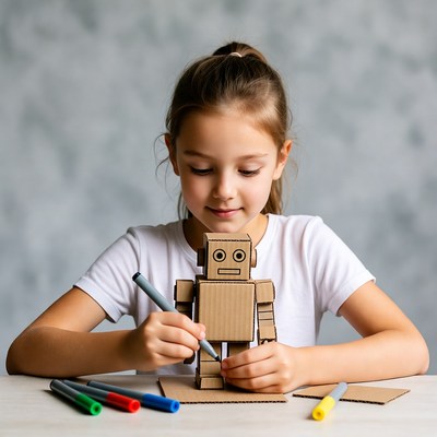 Girl coloring cardboard robot