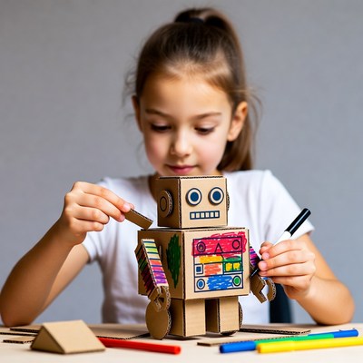 Girl coloring cardboard robot craft