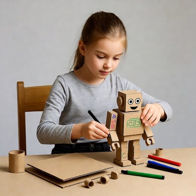 Girl drawing cardboard robot